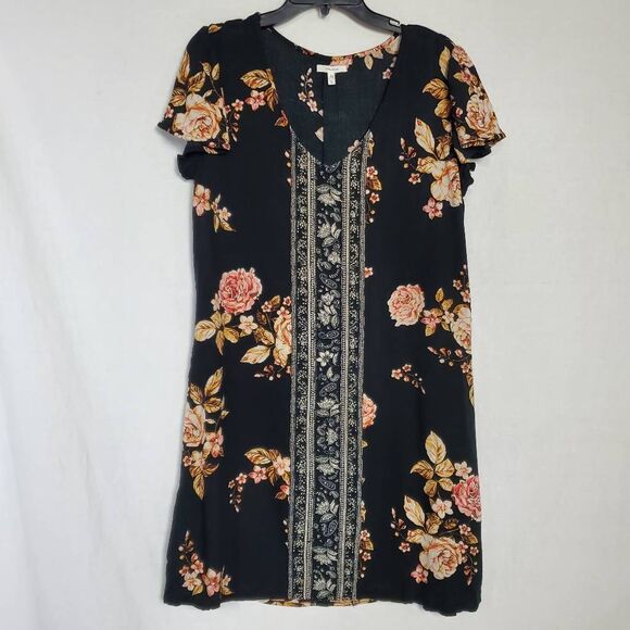 Maurices Women’s Black Floral Shift Dress Size L Short Sleeve Boho Print - Picture 1 of 7